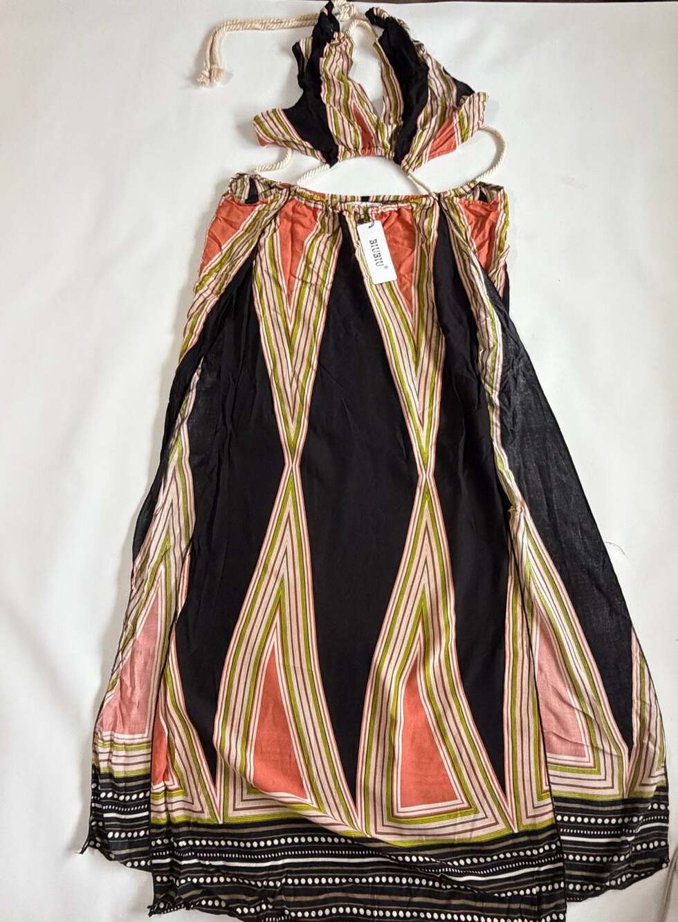 NWT BiuBiu Y2K Geometric Halter Maxi Dress Boho Beach Resort Cutout Black L
